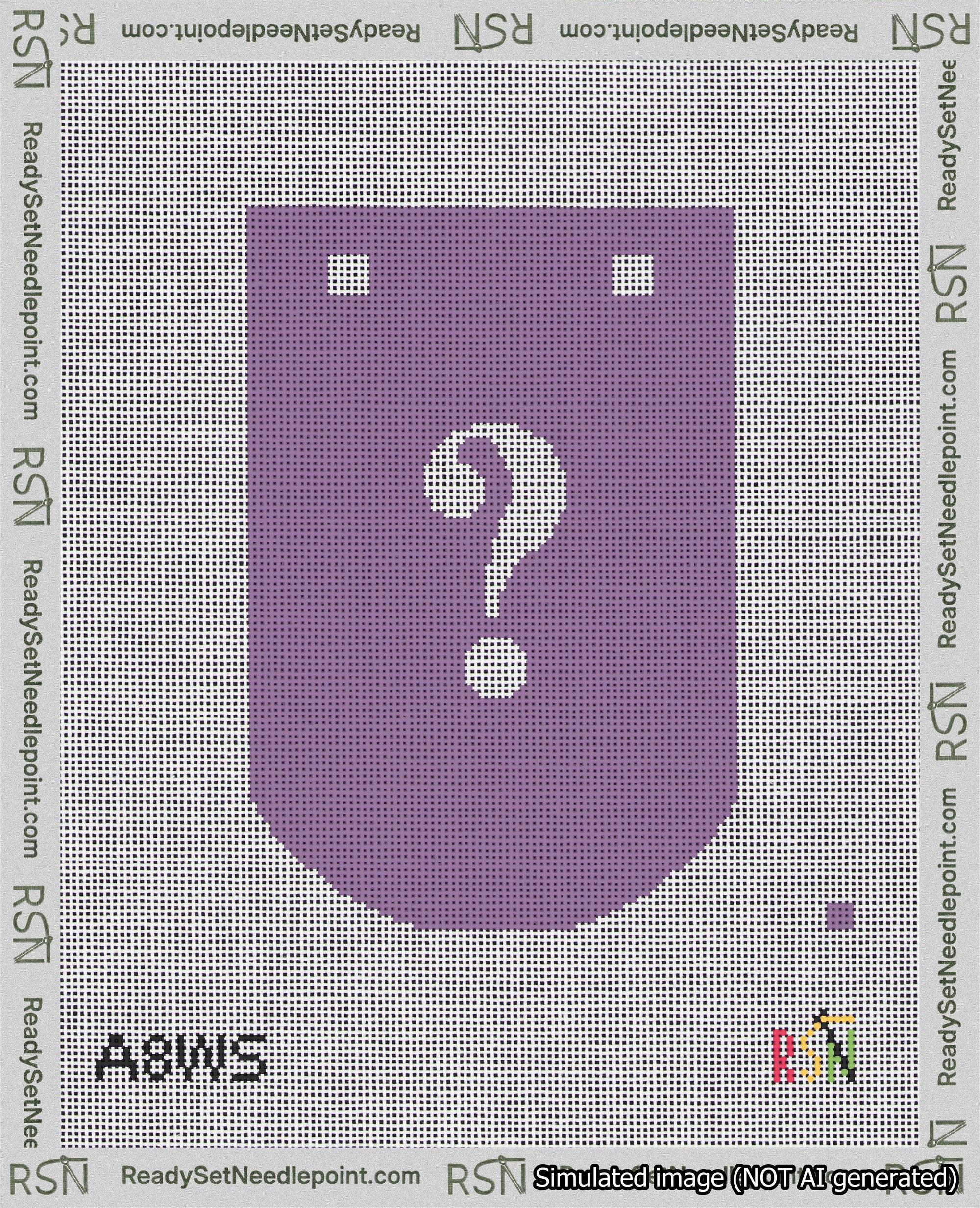 A taped needlepoint canvas with the design: Banner 18 mesh count Curved Question White on Purple.
