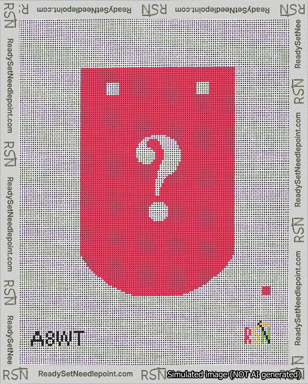 A taped needlepoint canvas with the design: Banner 18 mesh count Curved Question White on Red.
