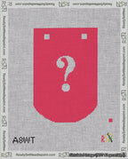 A taped needlepoint canvas with the design: Banner 18 mesh count Curved Question White on Red.