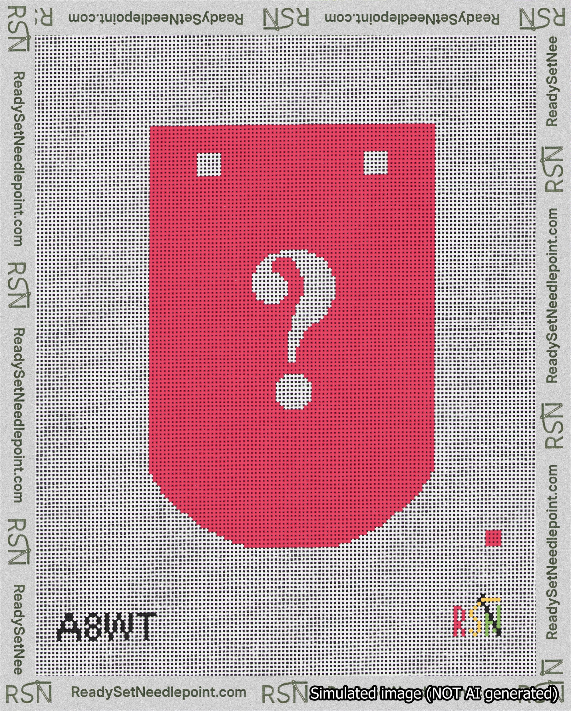 A taped needlepoint canvas with the design: Banner 18 mesh count Curved Question White on Red.