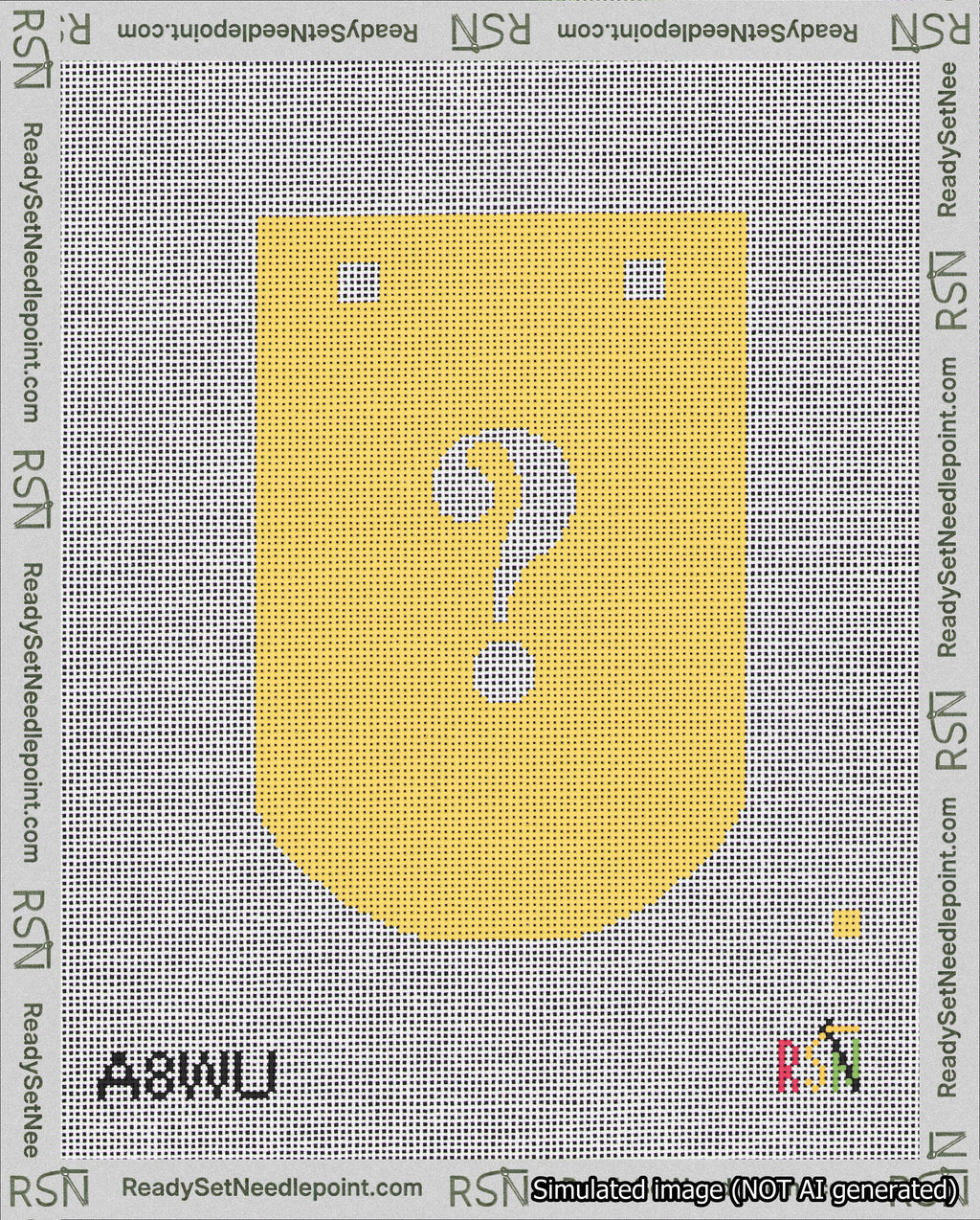 A taped needlepoint canvas with the design: Banner 18 mesh count Curved Question White on Yellow.
