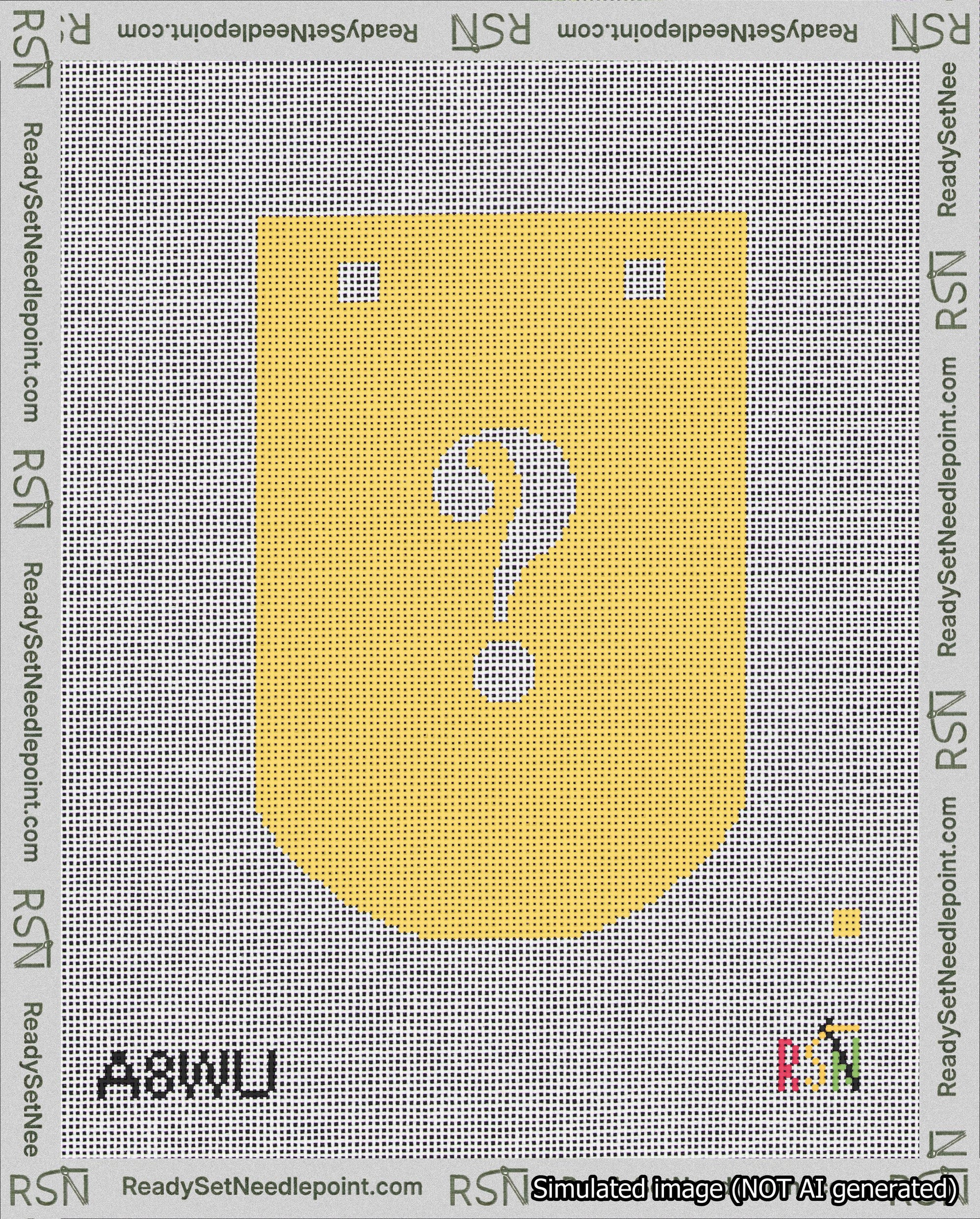 A taped needlepoint canvas with the design: Banner 18 mesh count Curved Question White on Yellow.