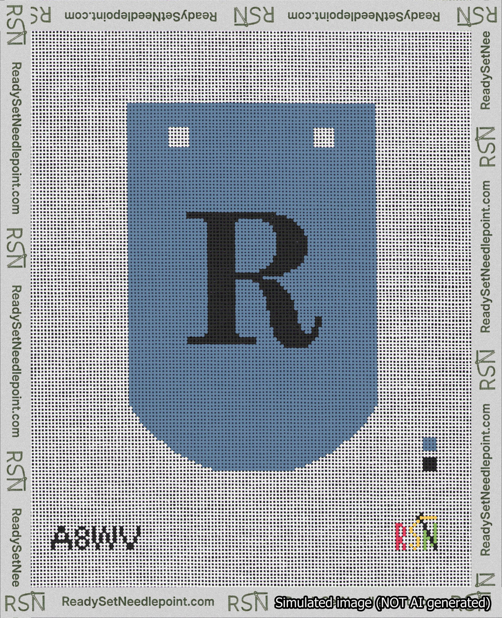 A taped needlepoint canvas with the design: Banner 18 mesh count Curved R Black on Blue.