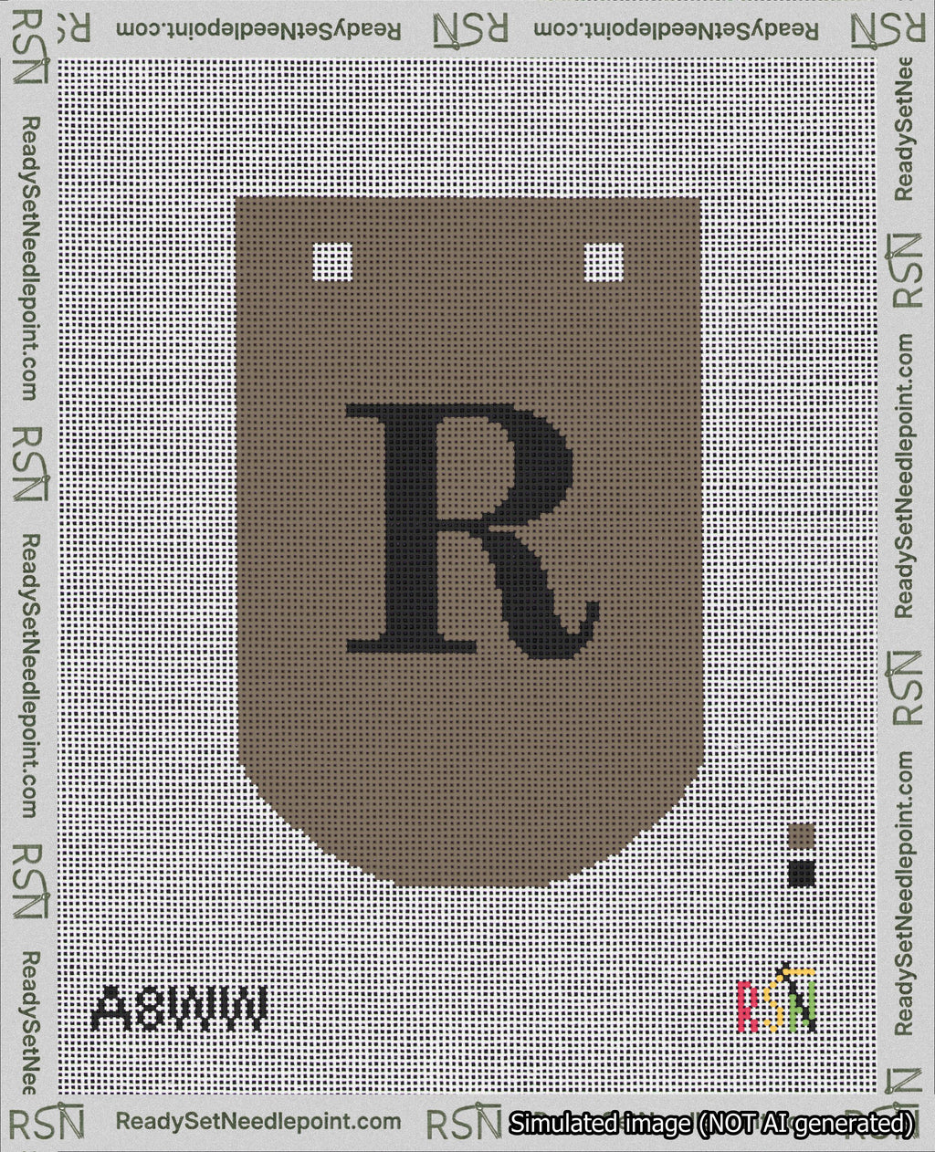 A taped needlepoint canvas with the design: Banner 18 mesh count Curved R Black on Brown.