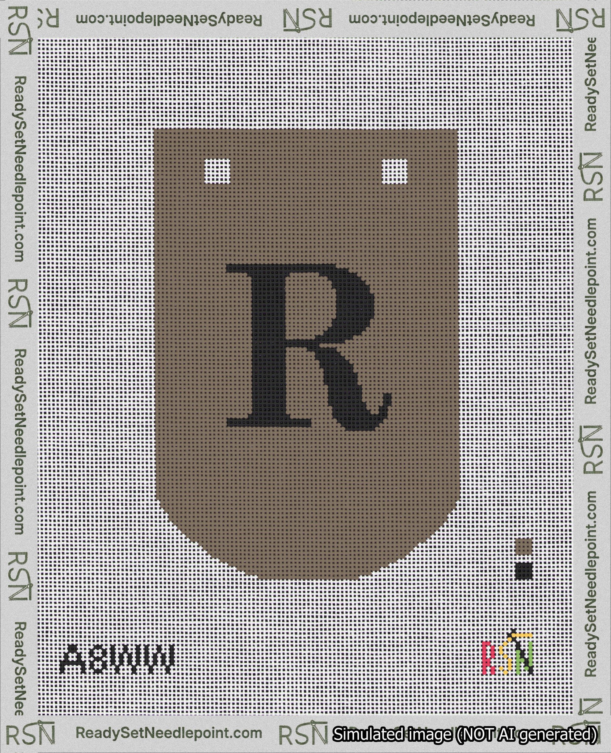 A taped needlepoint canvas with the design: Banner 18 mesh count Curved R Black on Brown.