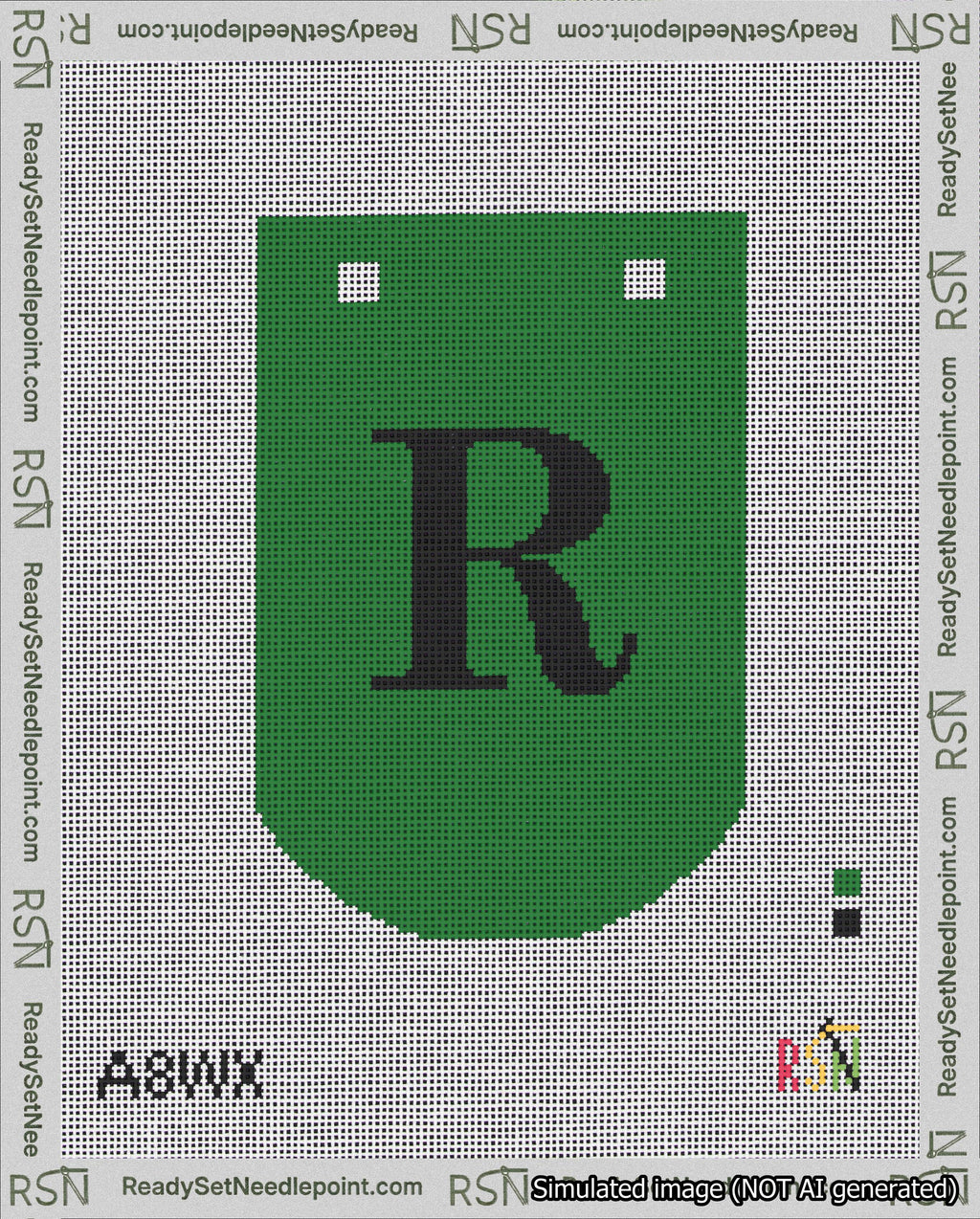 A taped needlepoint canvas with the design: Banner 18 mesh count Curved R Black on Green.