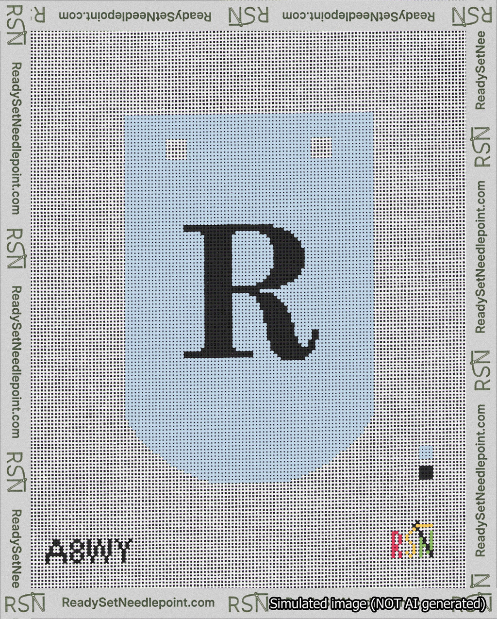 A taped needlepoint canvas with the design: Banner 18 mesh count Curved R Black on Light Blue.