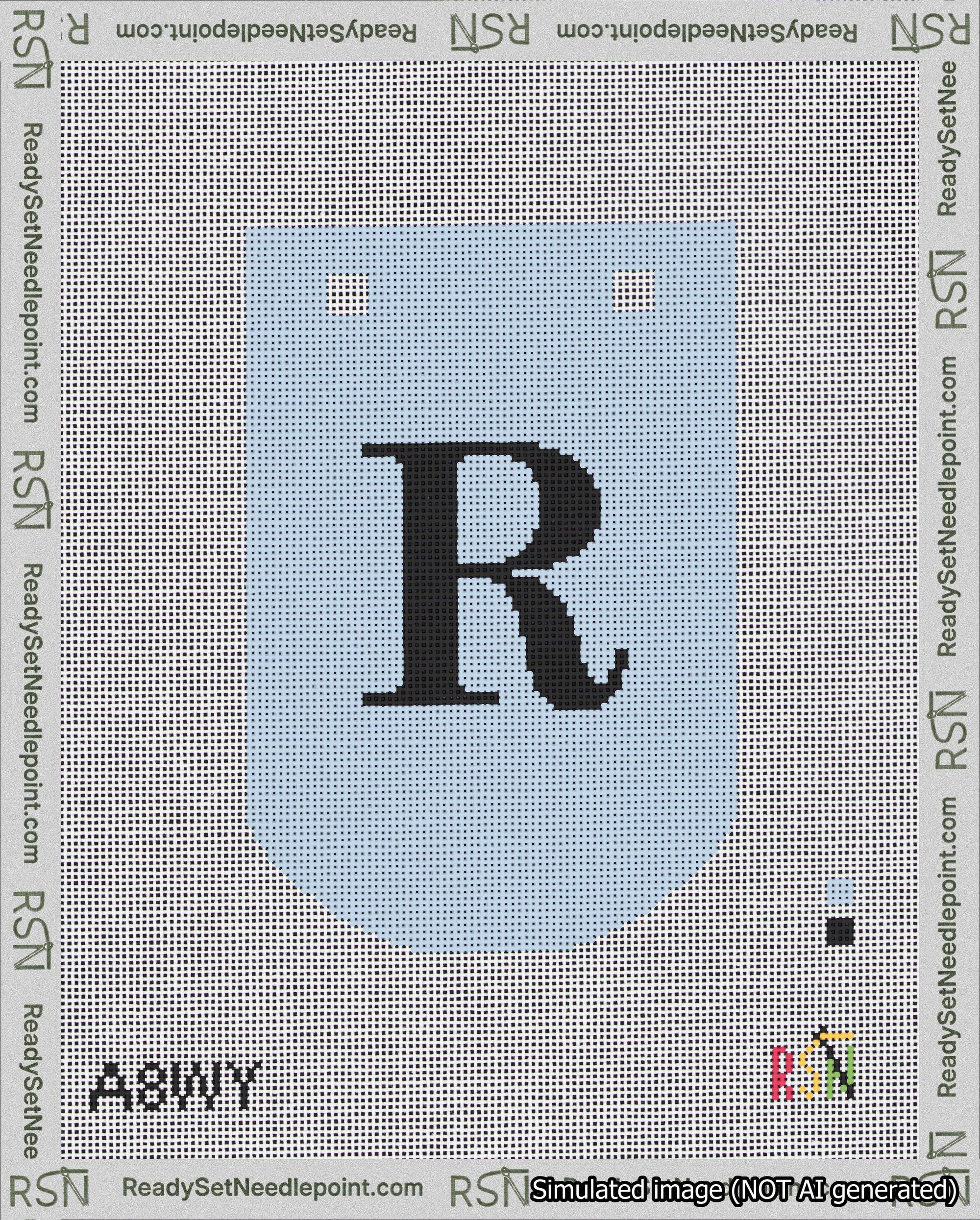 A taped needlepoint canvas with the design: Banner 18 mesh count Curved R Black on Light Blue.