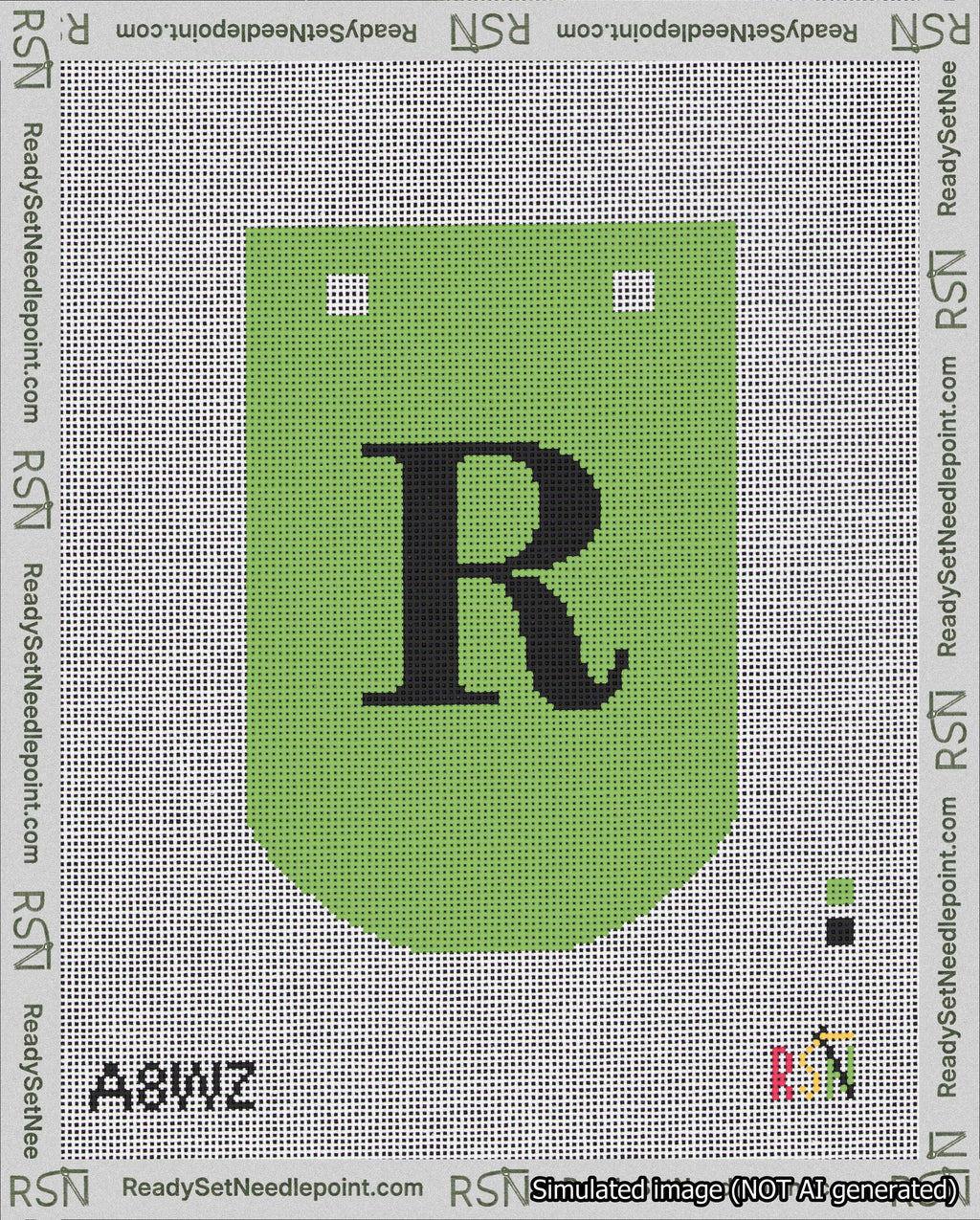 A taped needlepoint canvas with the design: Banner 18 mesh count Curved R Black on Light Green.