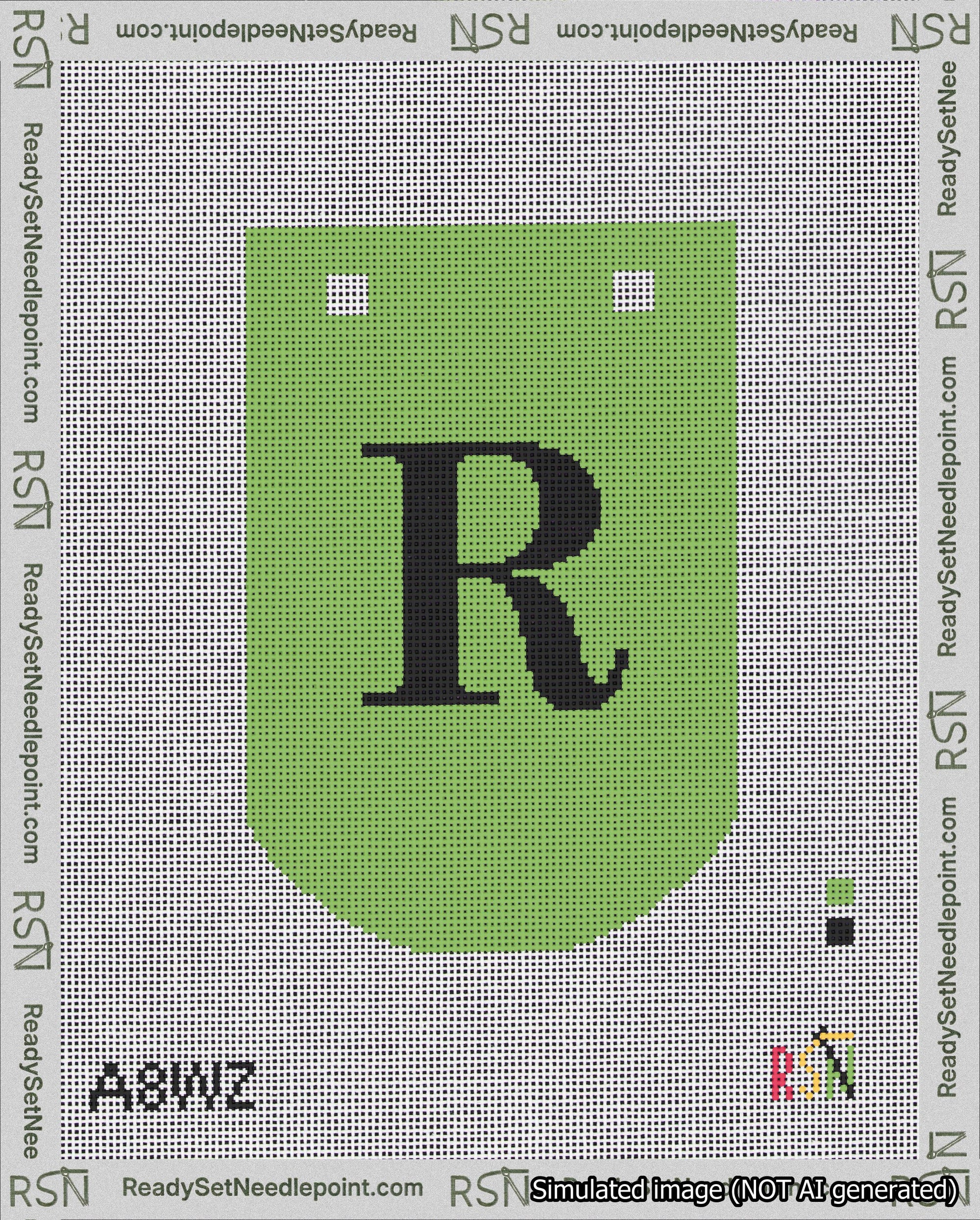 A taped needlepoint canvas with the design: Banner 18 mesh count Curved R Black on Light Green.