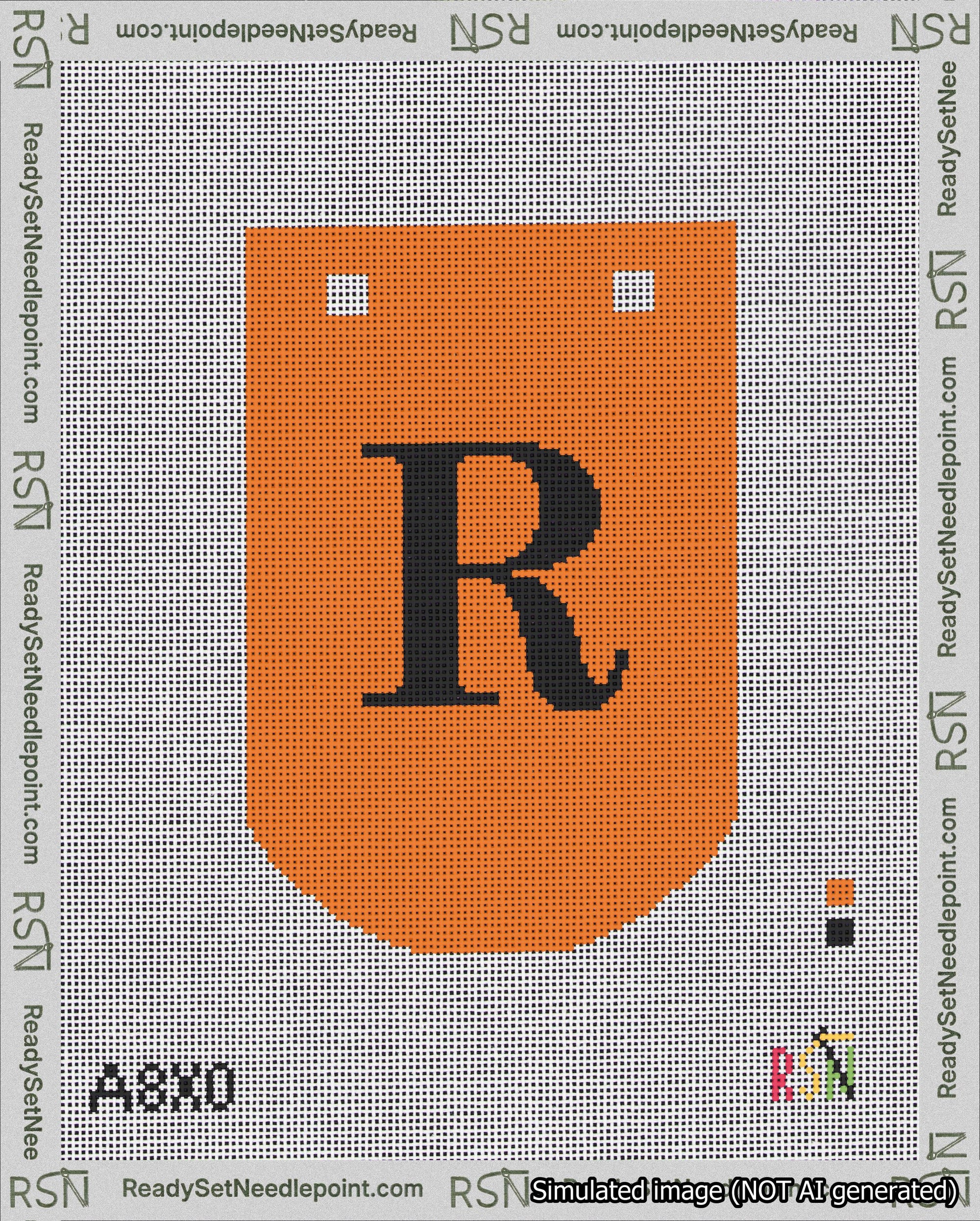 A taped needlepoint canvas with the design: Banner 18 mesh count Curved R Black on Orange.