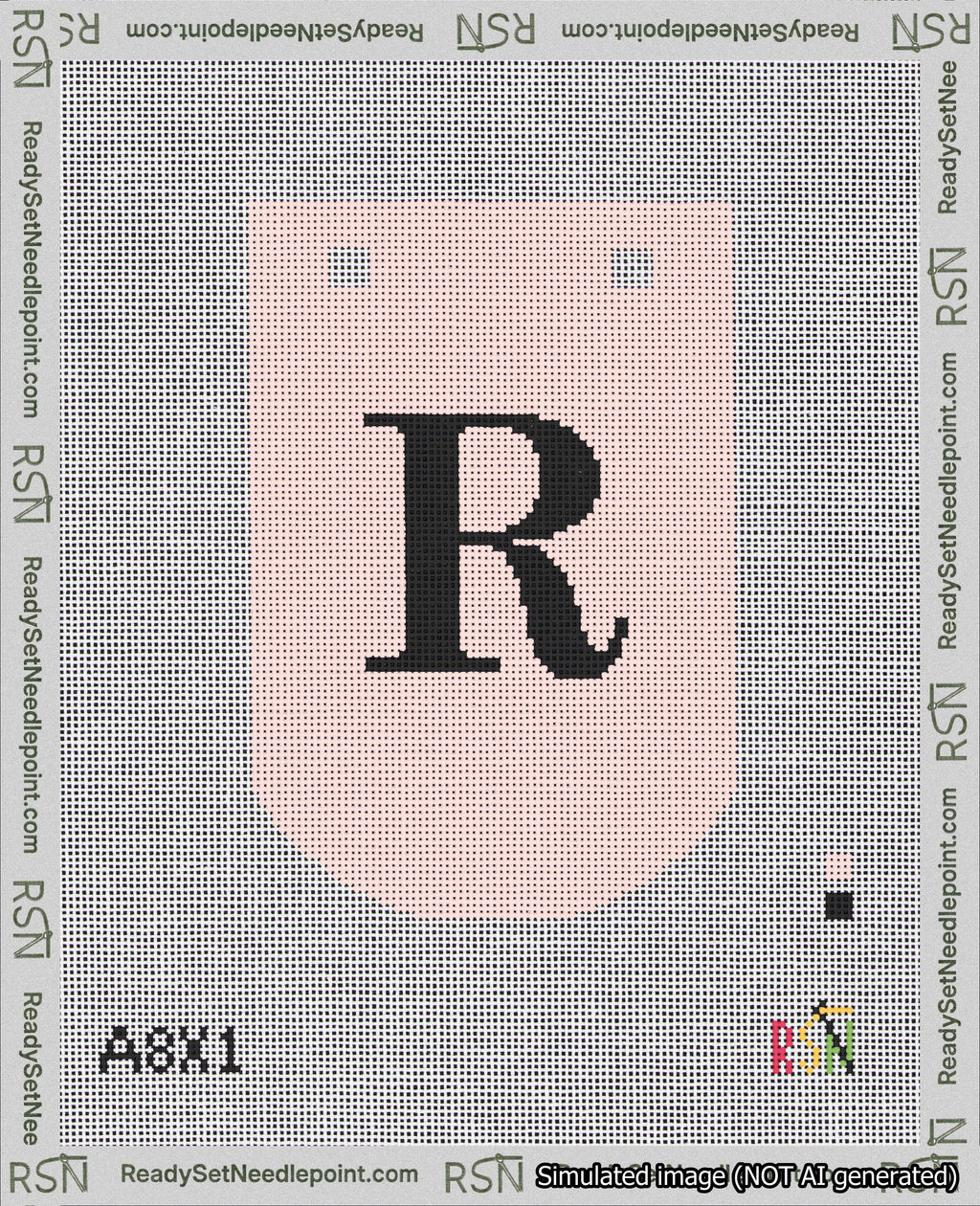 A taped needlepoint canvas with the design: Banner 18 mesh count Curved R Black on Pink.