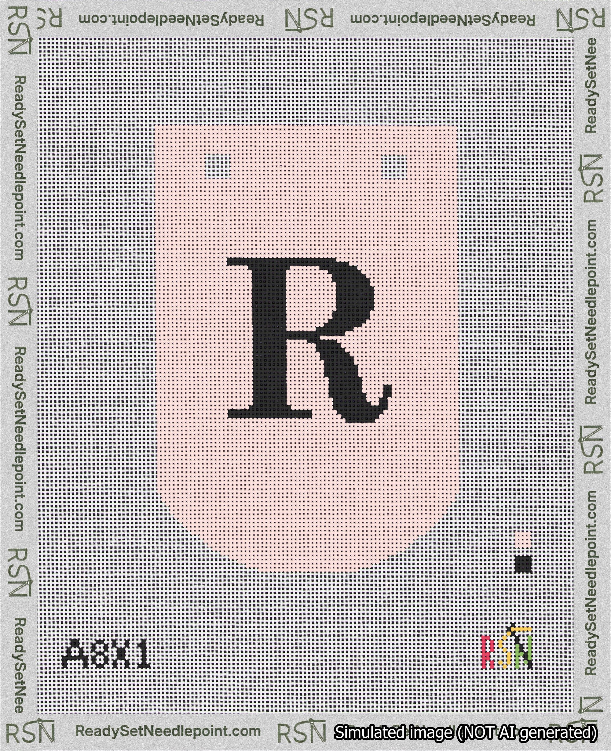 A taped needlepoint canvas with the design: Banner 18 mesh count Curved R Black on Pink.