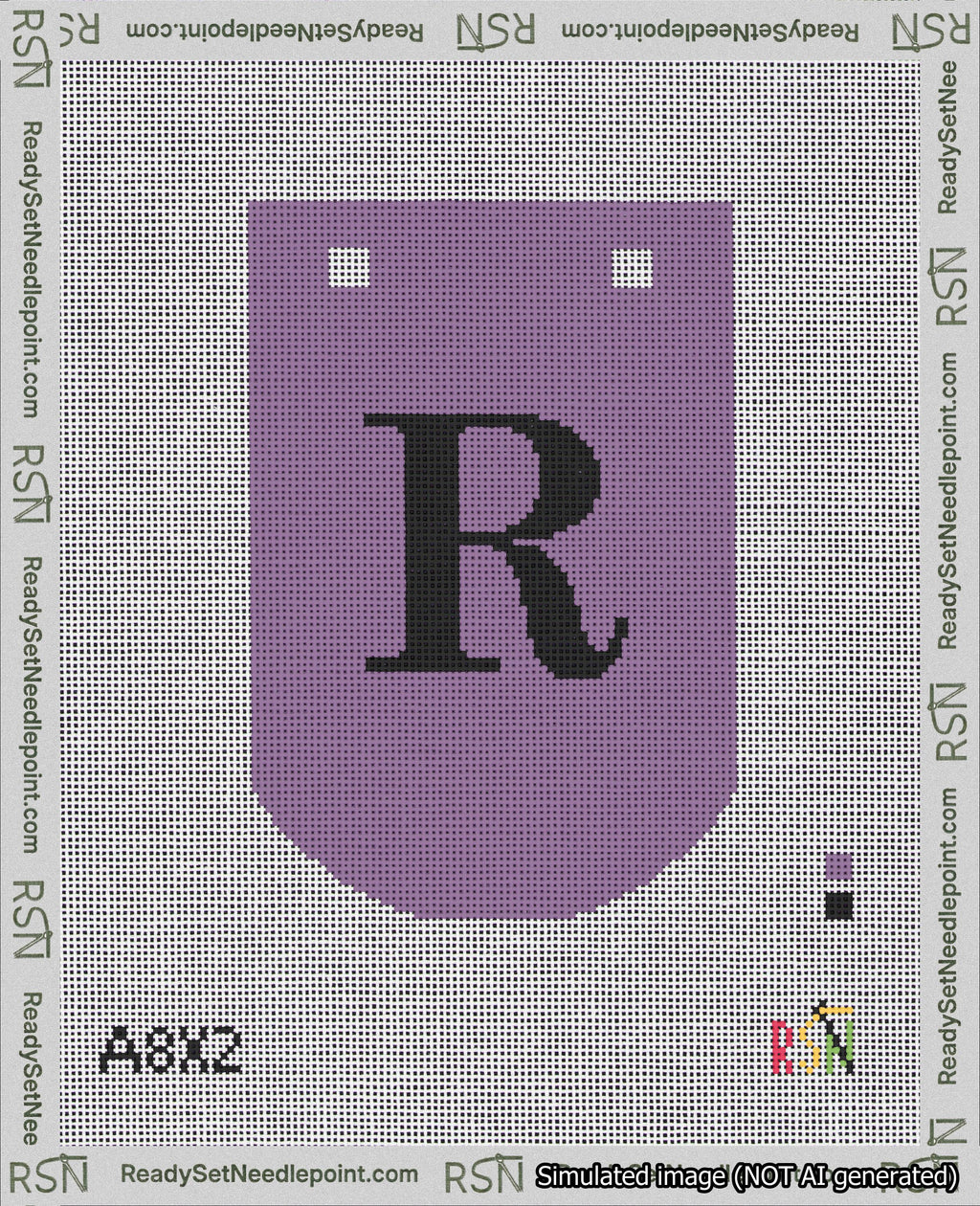 A taped needlepoint canvas with the design: Banner 18 mesh count Curved R Black on Purple.