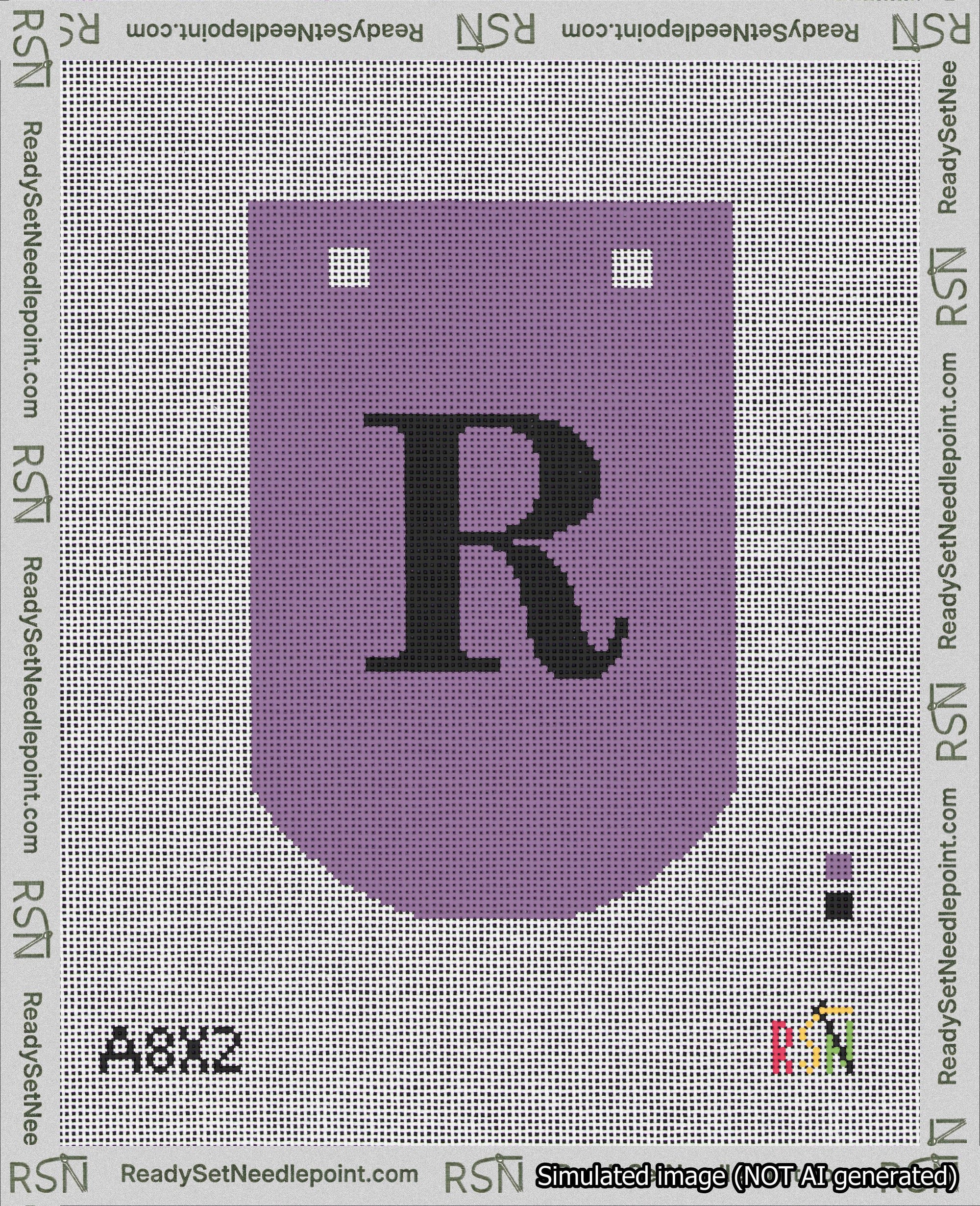 A taped needlepoint canvas with the design: Banner 18 mesh count Curved R Black on Purple.
