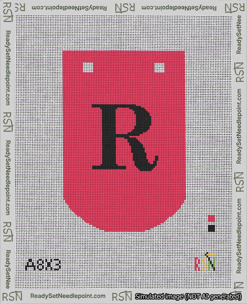 A taped needlepoint canvas with the design: Banner 18 mesh count Curved R Black on Red.