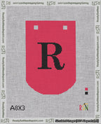 A taped needlepoint canvas with the design: Banner 18 mesh count Curved R Black on Red.