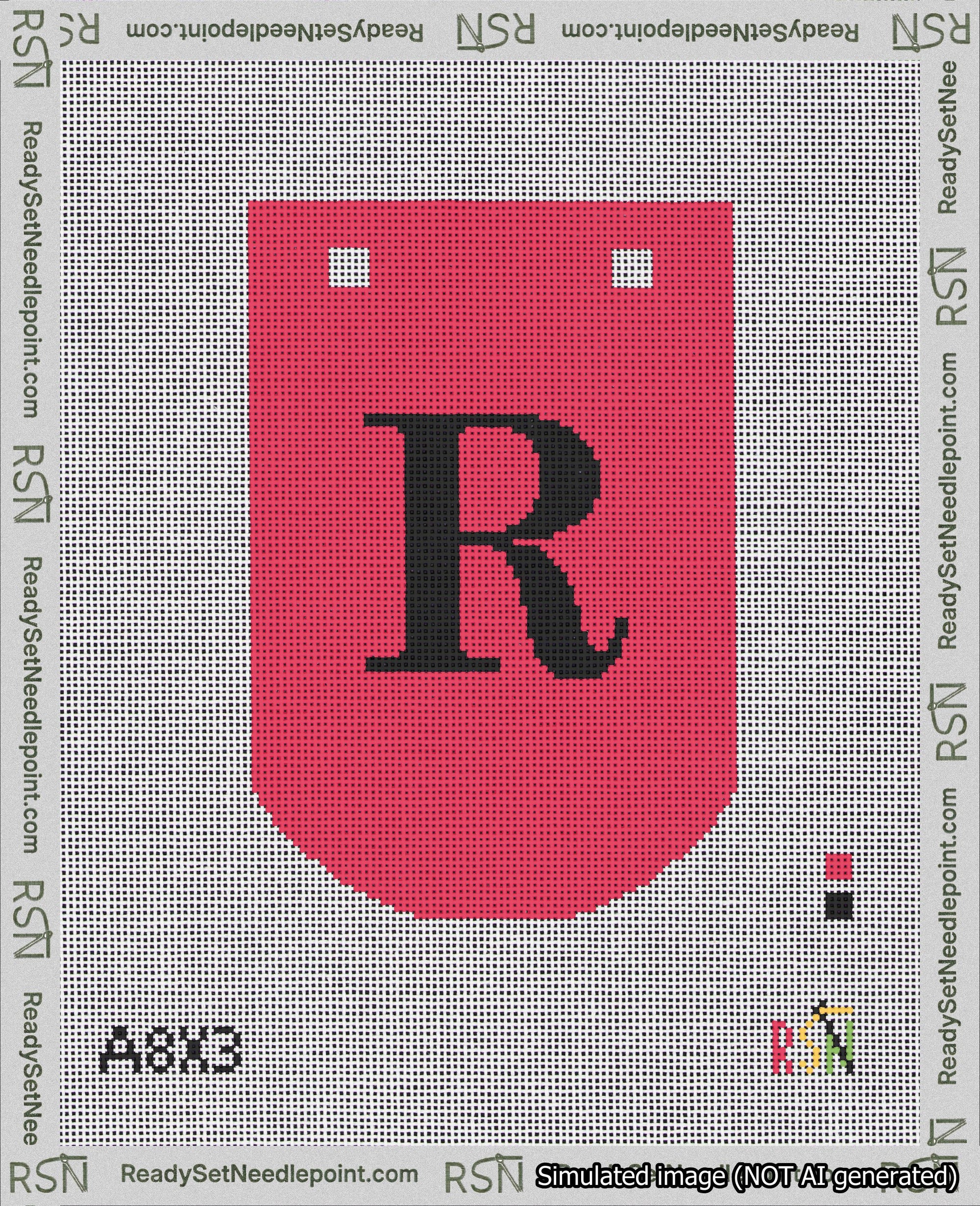 A taped needlepoint canvas with the design: Banner 18 mesh count Curved R Black on Red.