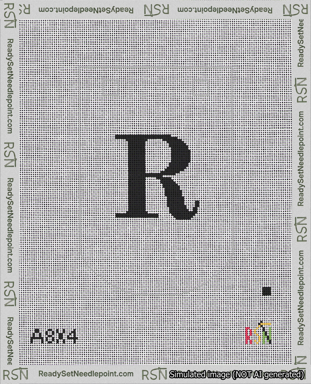 A taped needlepoint canvas with the design: Banner 18 mesh count Curved R Black on White.