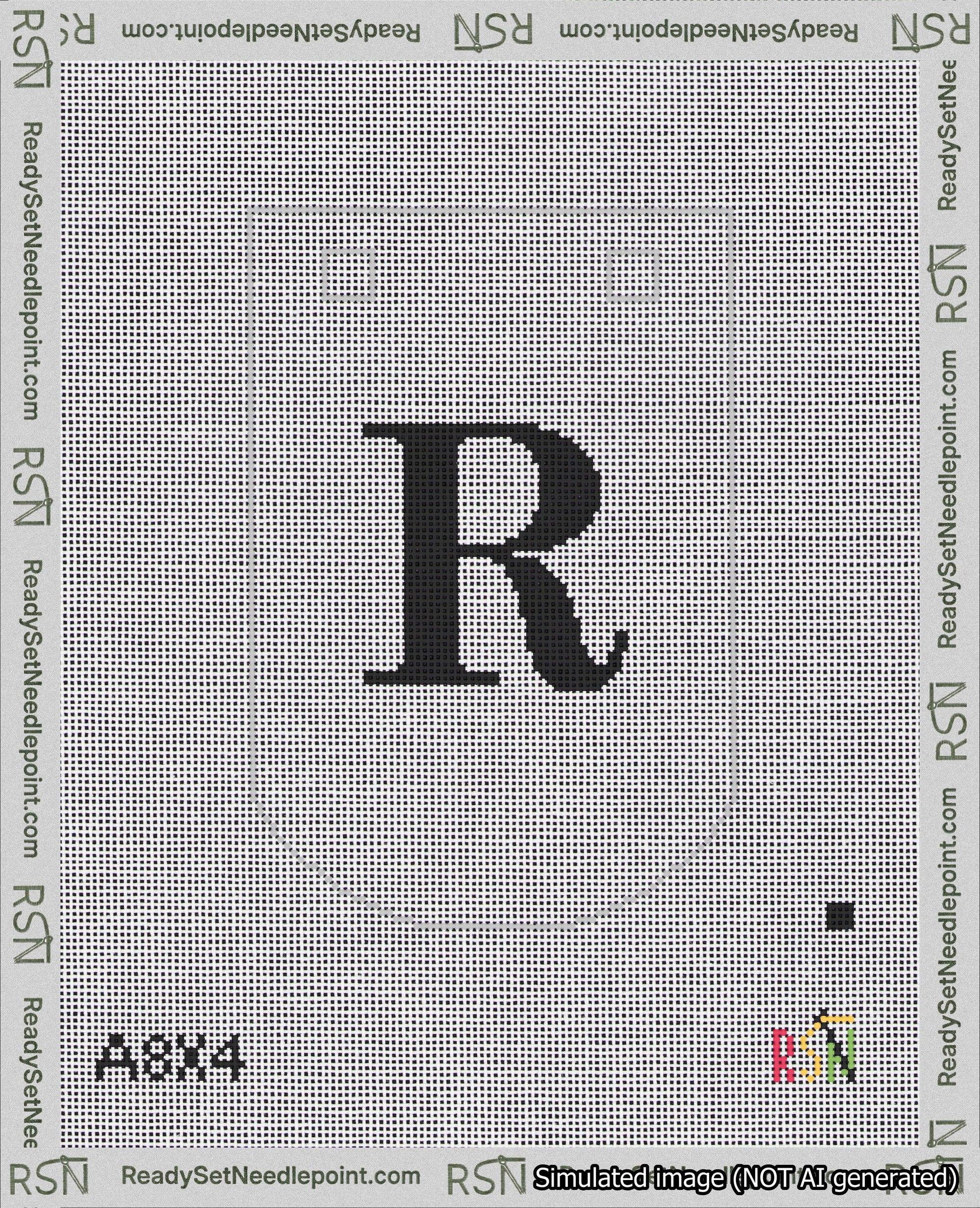 A taped needlepoint canvas with the design: Banner 18 mesh count Curved R Black on White.