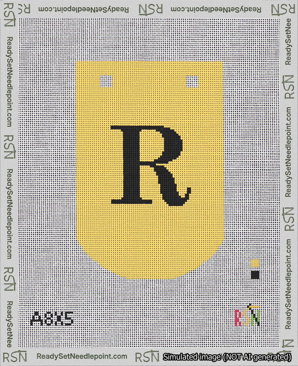 A taped needlepoint canvas with the design: Banner 18 mesh count Curved R Black on Yellow.