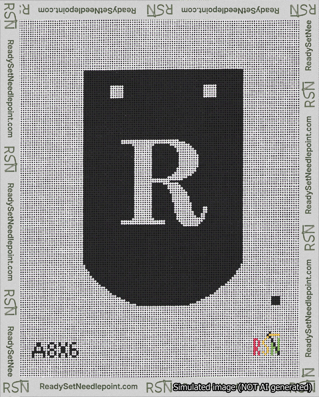 A taped needlepoint canvas with the design: Banner 18 mesh count Curved R White on Black.