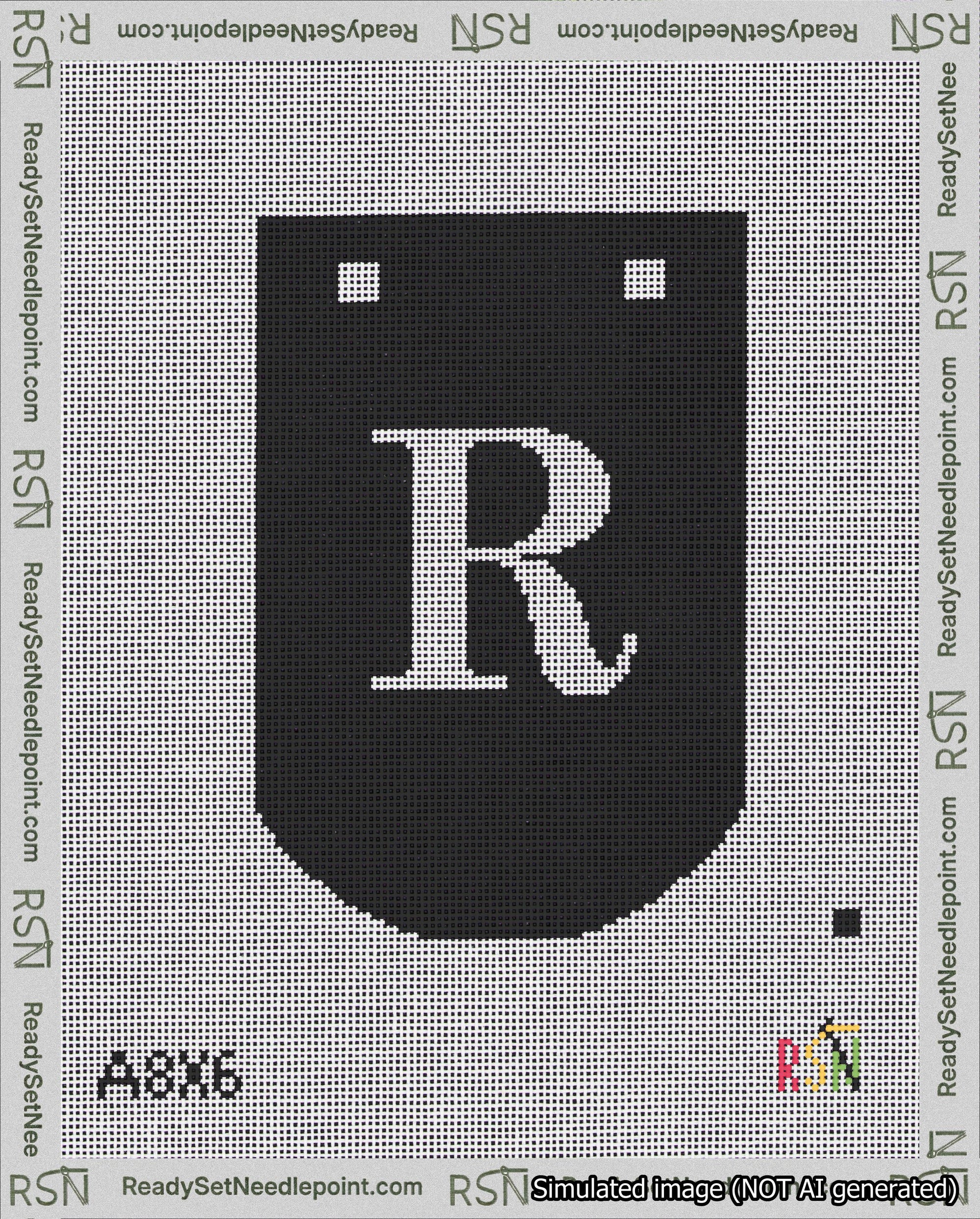 A taped needlepoint canvas with the design: Banner 18 mesh count Curved R White on Black.