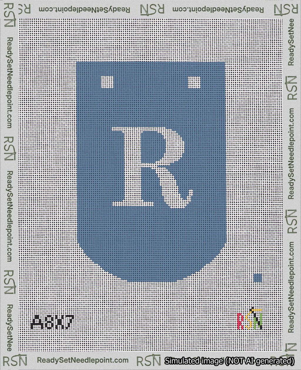A taped needlepoint canvas with the design: Banner 18 mesh count Curved R White on Blue.