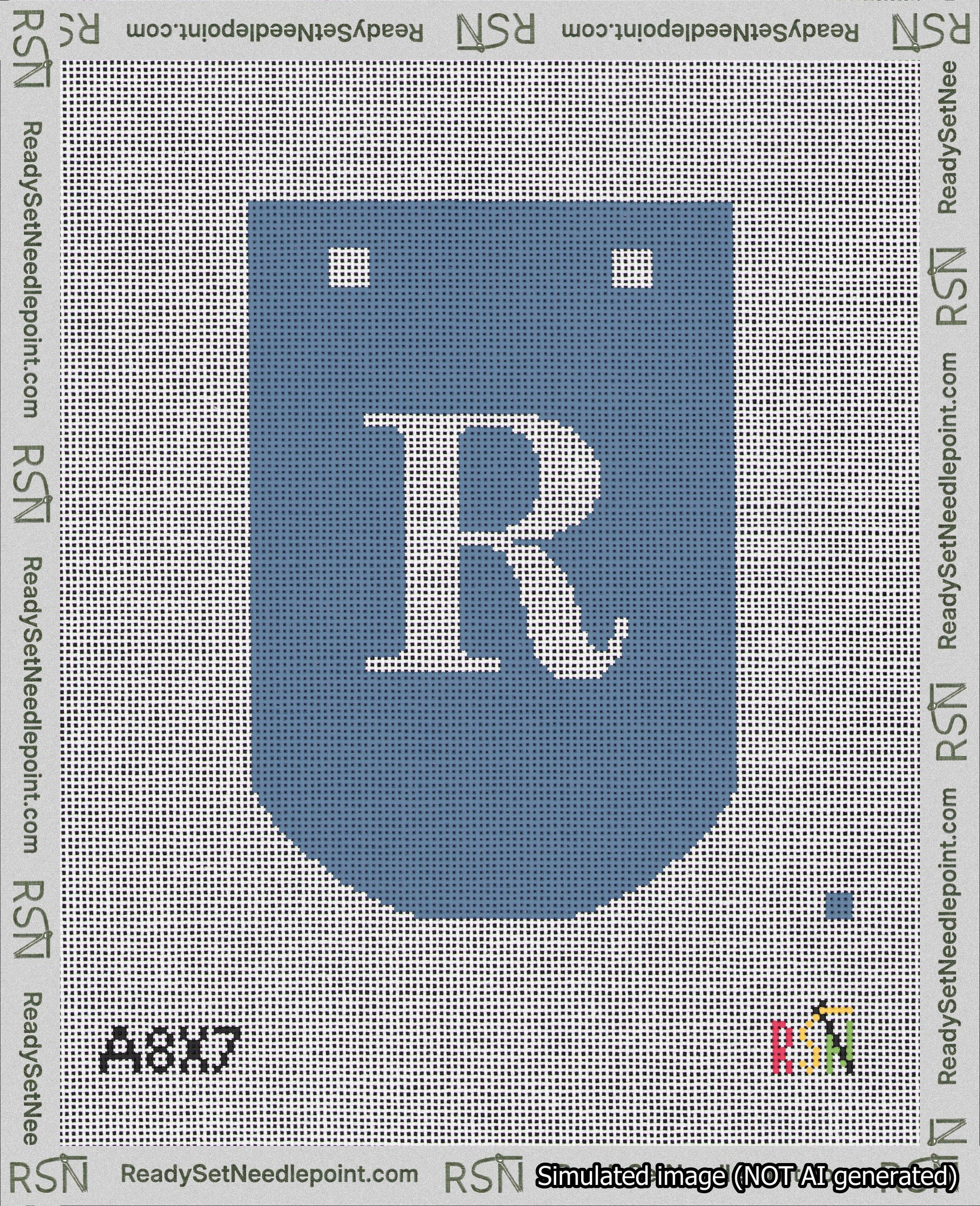 A taped needlepoint canvas with the design: Banner 18 mesh count Curved R White on Blue.