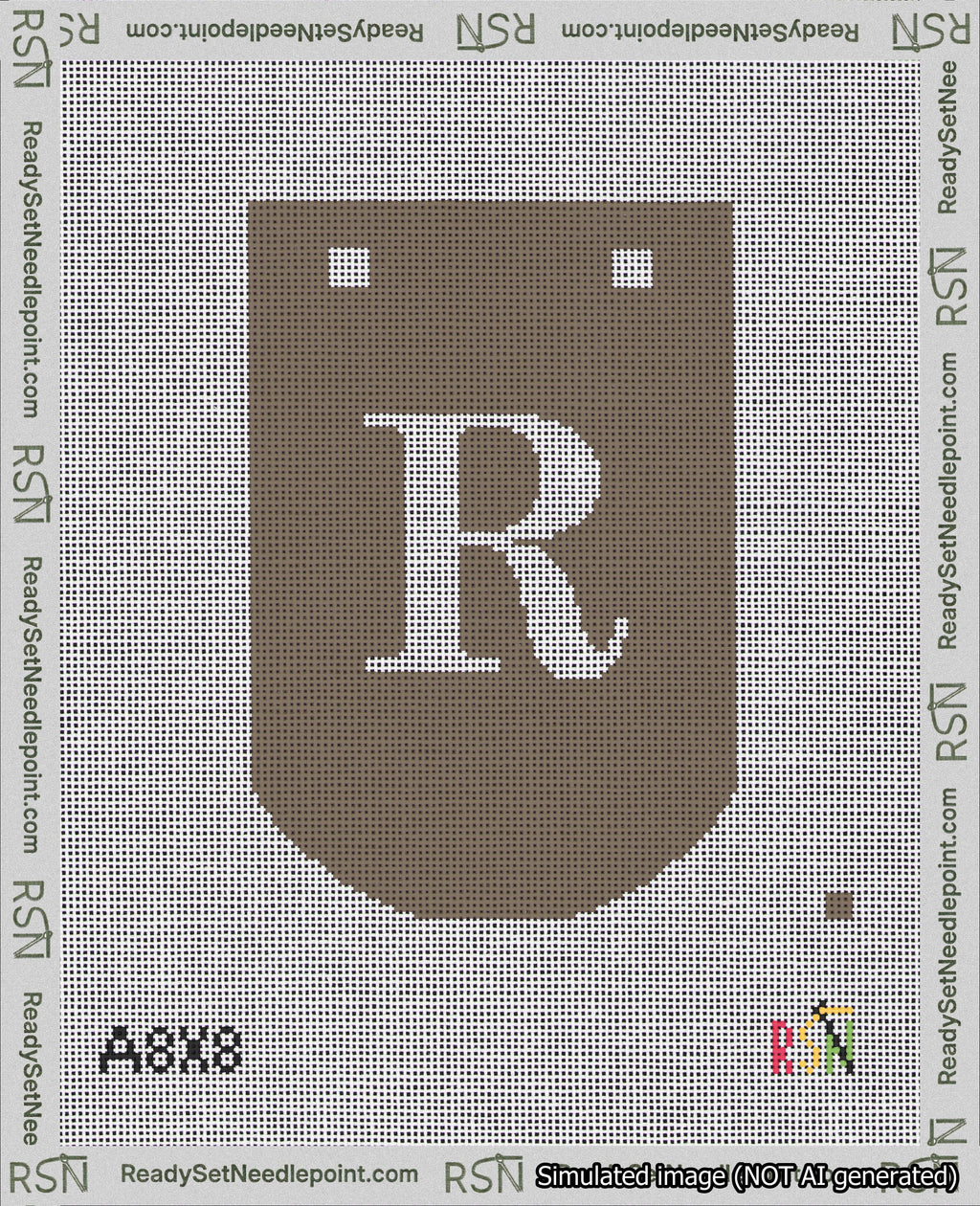 A taped needlepoint canvas with the design: Banner 18 mesh count Curved R White on Brown.