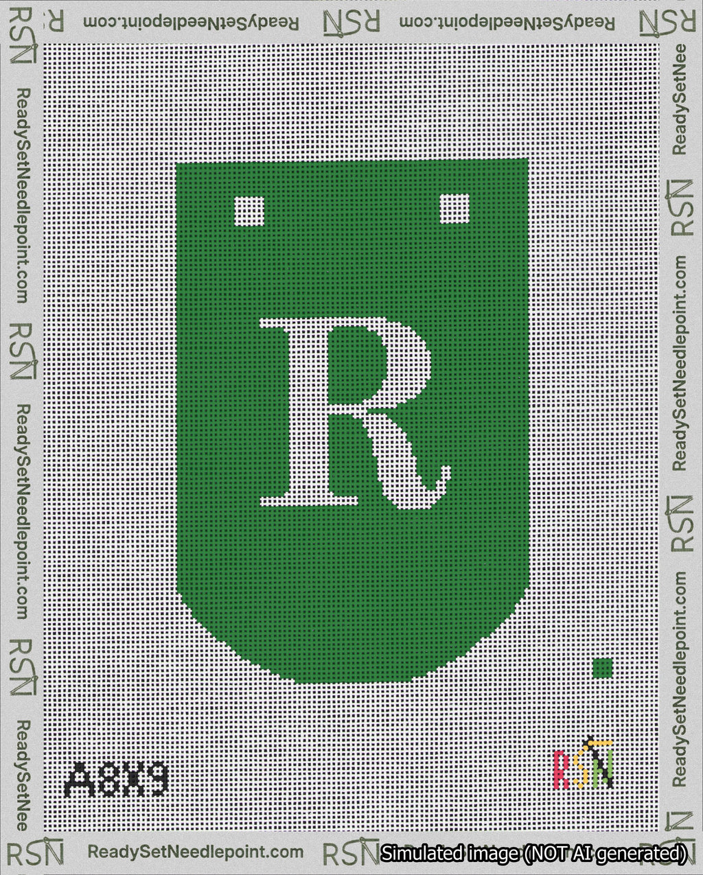 A taped needlepoint canvas with the design: Banner 18 mesh count Curved R White on Green.
