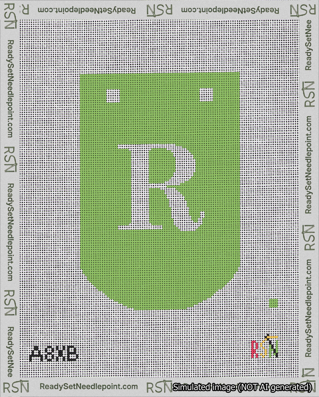 A taped needlepoint canvas with the design: Banner 18 mesh count Curved R White on Light Green.