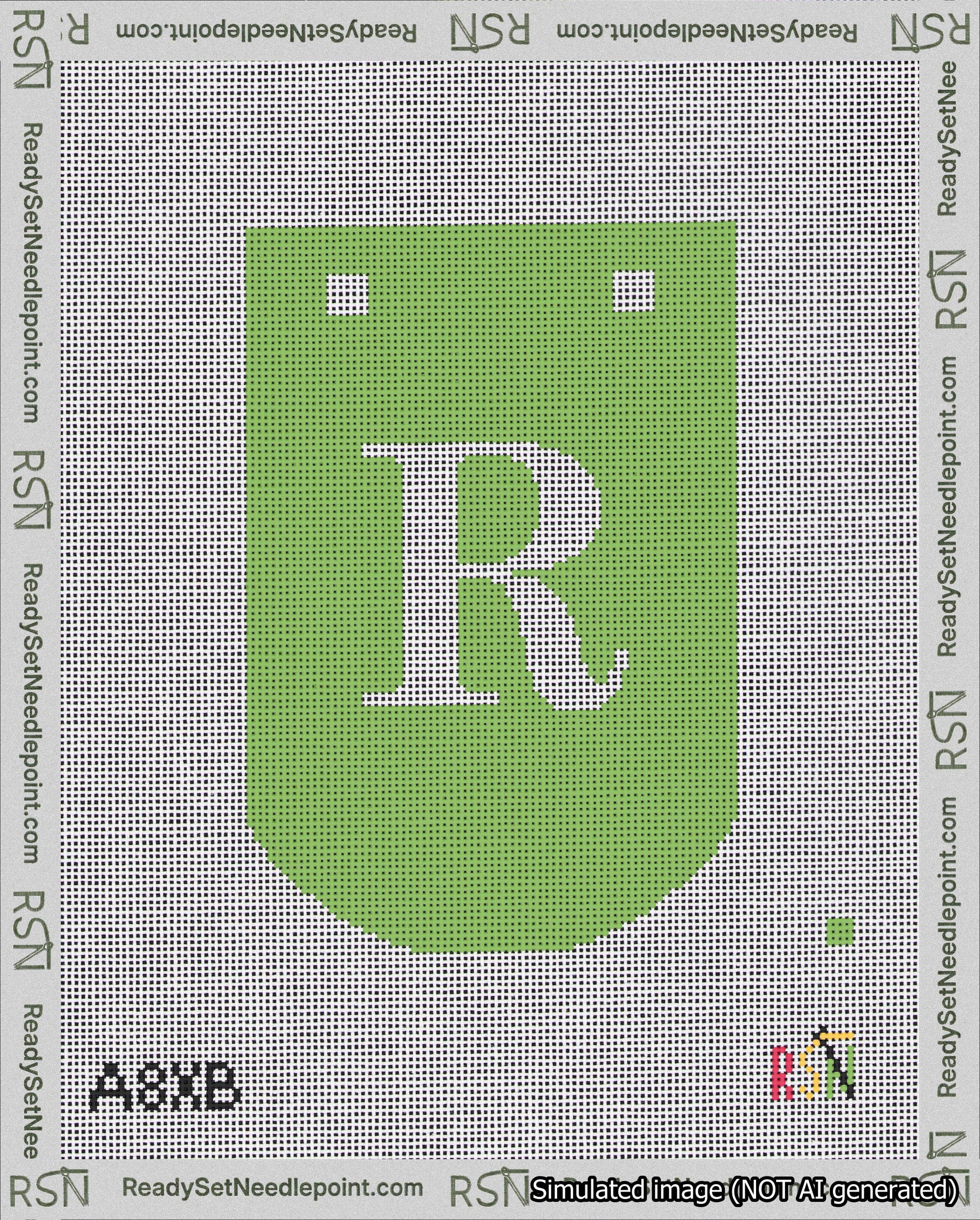A taped needlepoint canvas with the design: Banner 18 mesh count Curved R White on Light Green.