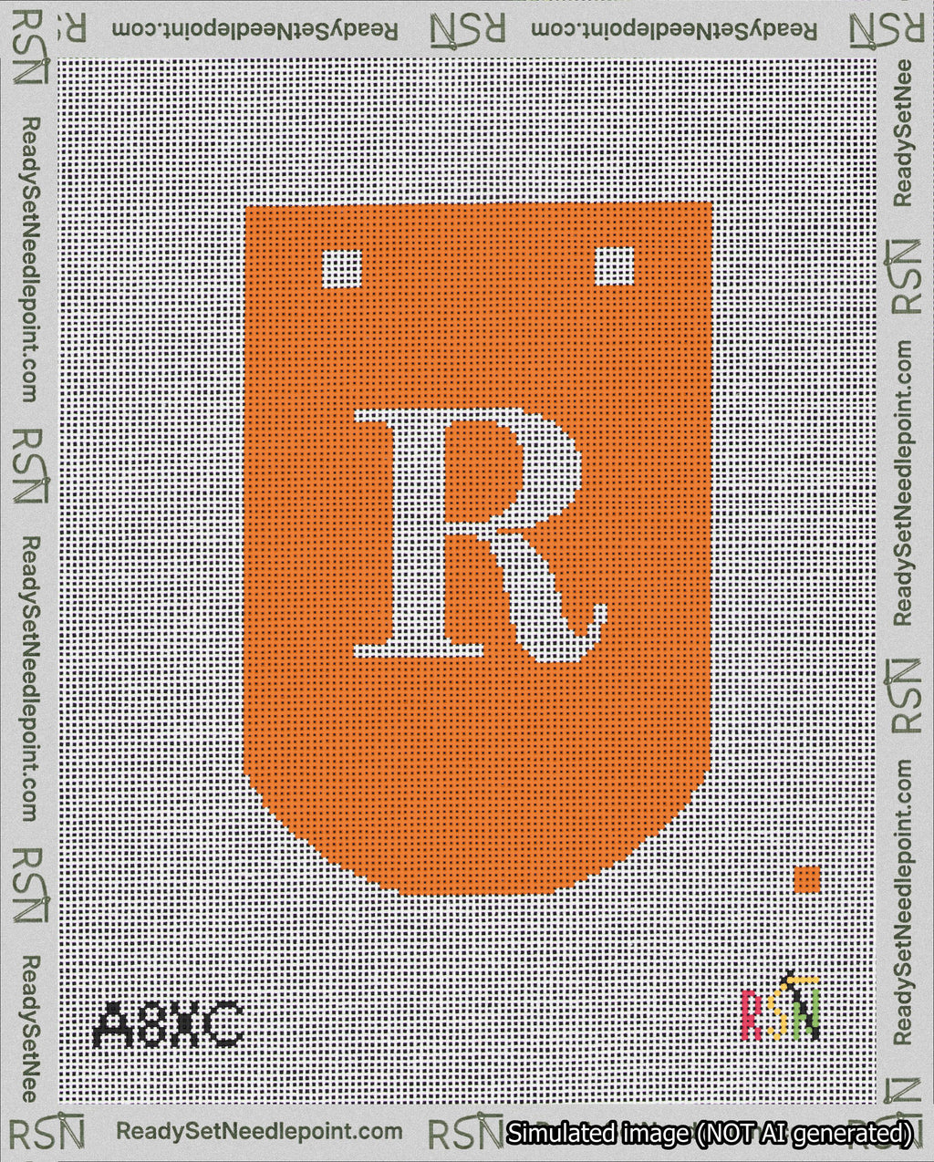 A taped needlepoint canvas with the design: Banner 18 mesh count Curved R White on Orange.