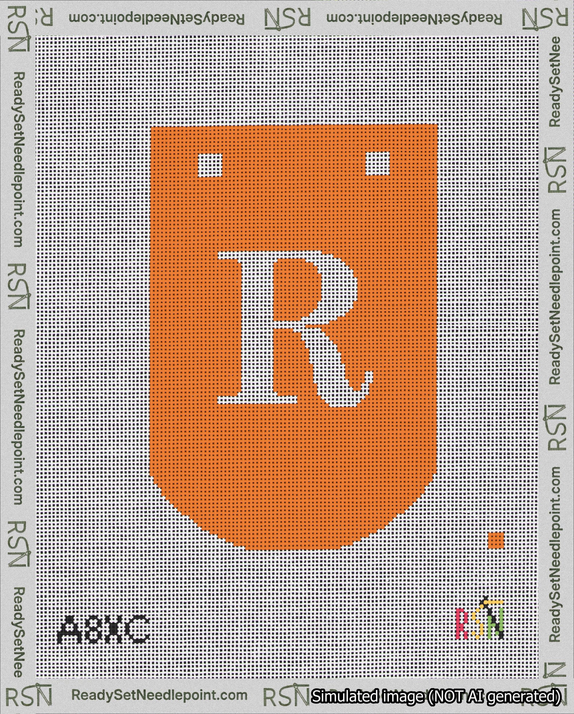 A taped needlepoint canvas with the design: Banner 18 mesh count Curved R White on Orange.