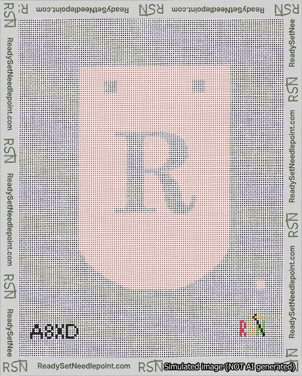A taped needlepoint canvas with the design: Banner 18 mesh count Curved R White on Pink.