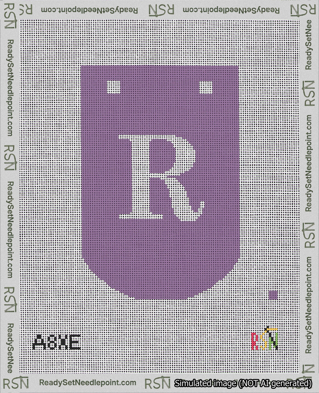 A taped needlepoint canvas with the design: Banner 18 mesh count Curved R White on Purple.