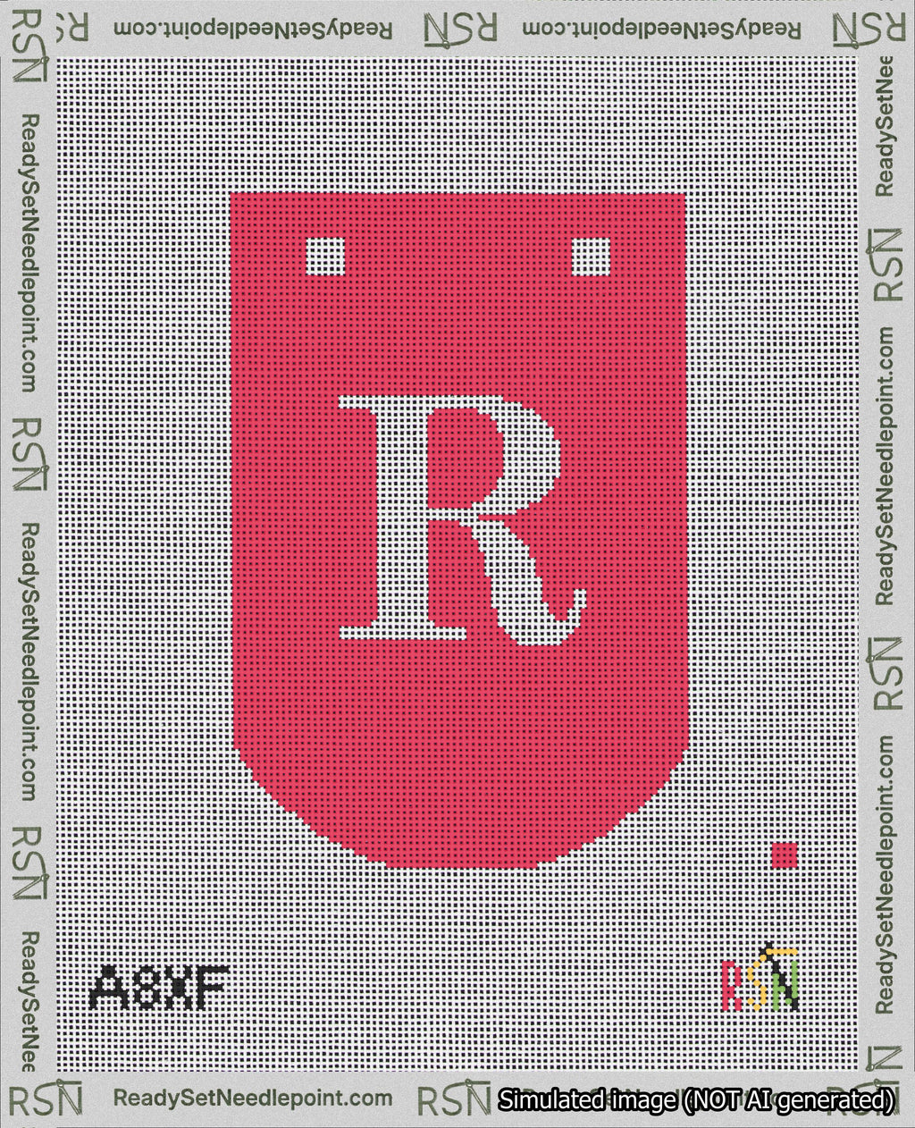 A taped needlepoint canvas with the design: Banner 18 mesh count Curved R White on Red.