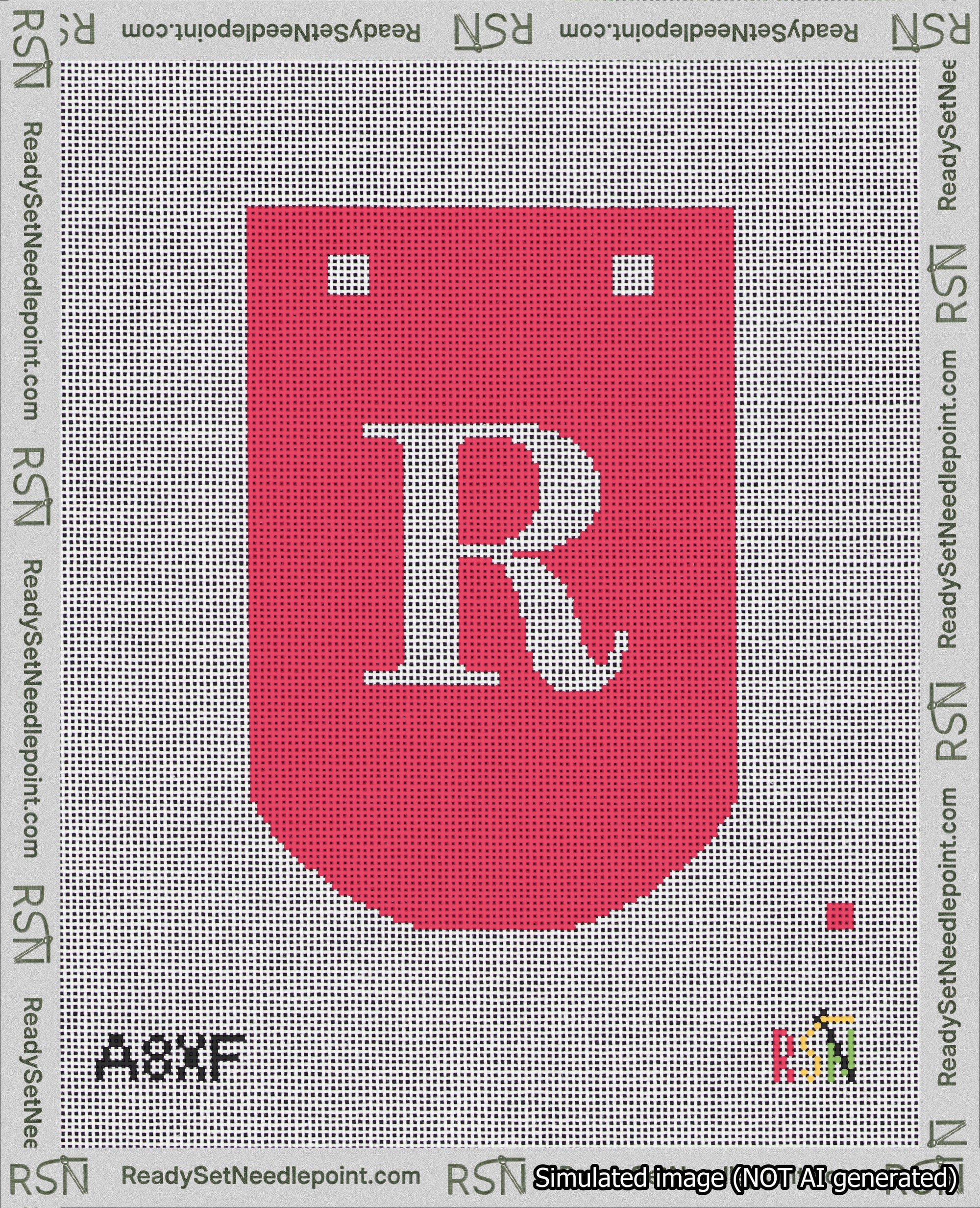 A taped needlepoint canvas with the design: Banner 18 mesh count Curved R White on Red.