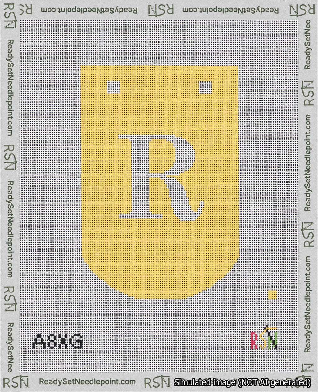 A taped needlepoint canvas with the design: Banner 18 mesh count Curved R White on Yellow.