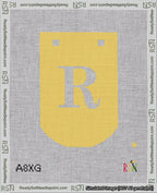 A taped needlepoint canvas with the design: Banner 18 mesh count Curved R White on Yellow.