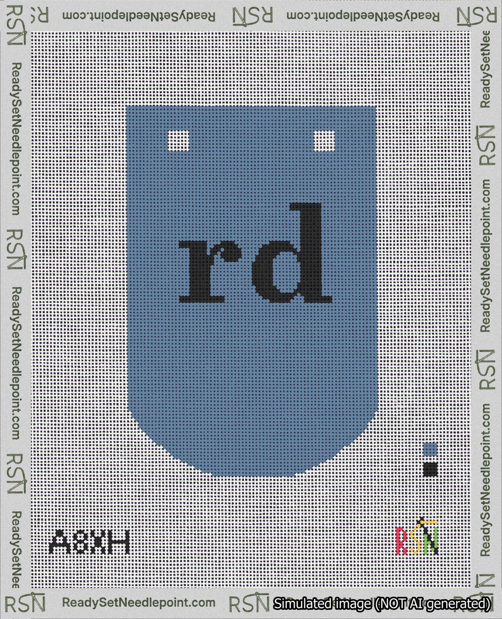 A taped needlepoint canvas with the design: Banner 18 mesh count Curved rd Black on Blue.