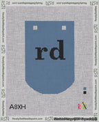 A taped needlepoint canvas with the design: Banner 18 mesh count Curved rd Black on Blue.