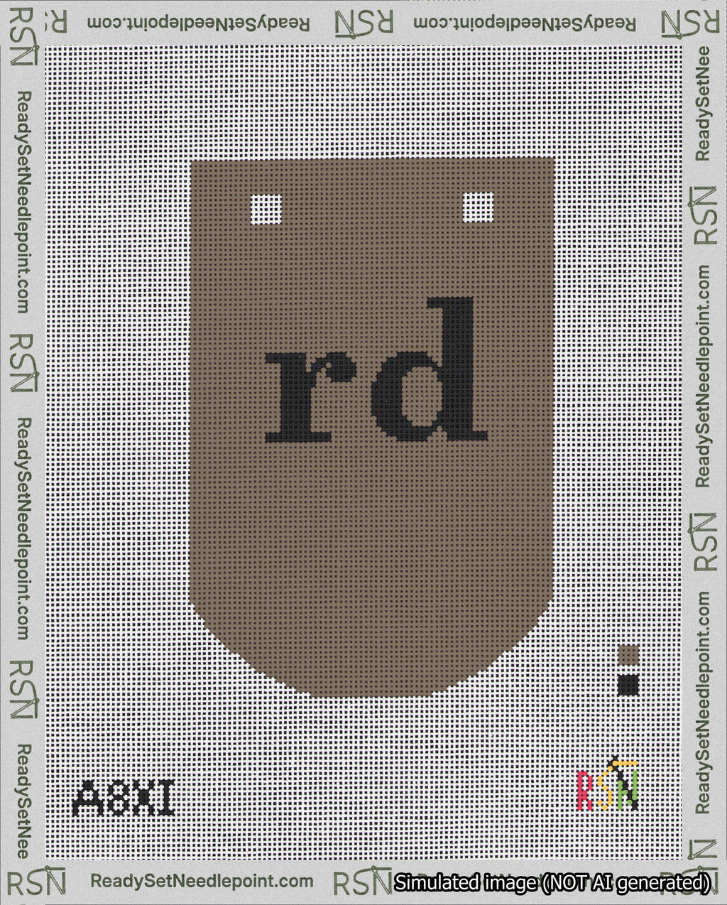 A taped needlepoint canvas with the design: Banner 18 mesh count Curved rd Black on Brown.