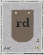A taped needlepoint canvas with the design: Banner 18 mesh count Curved rd Black on Brown.