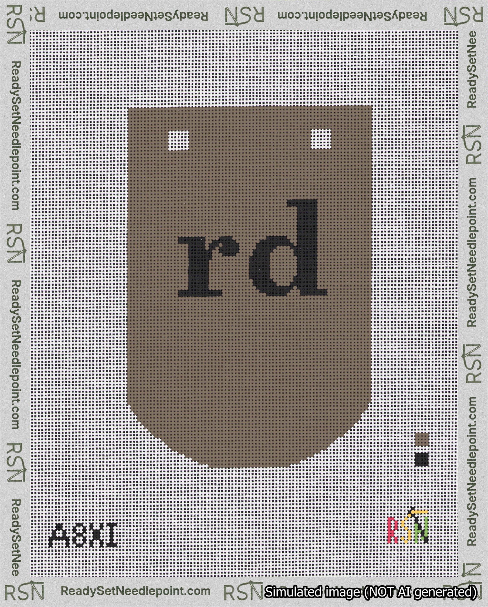 A taped needlepoint canvas with the design: Banner 18 mesh count Curved rd Black on Brown.