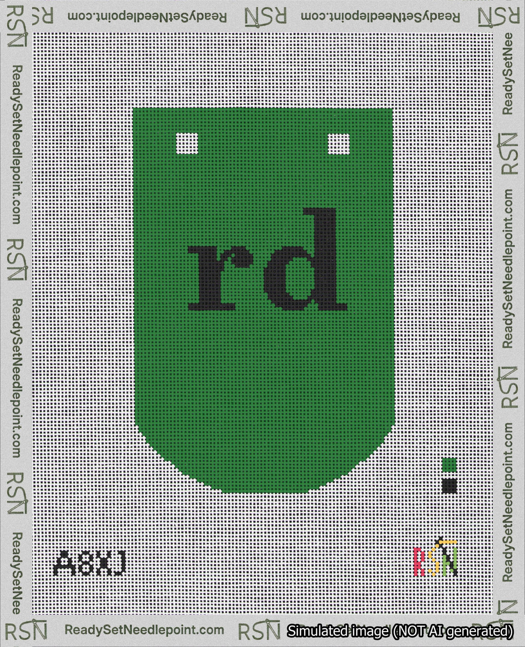 A taped needlepoint canvas with the design: Banner 18 mesh count Curved rd Black on Green.