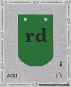 A taped needlepoint canvas with the design: Banner 18 mesh count Curved rd Black on Green.