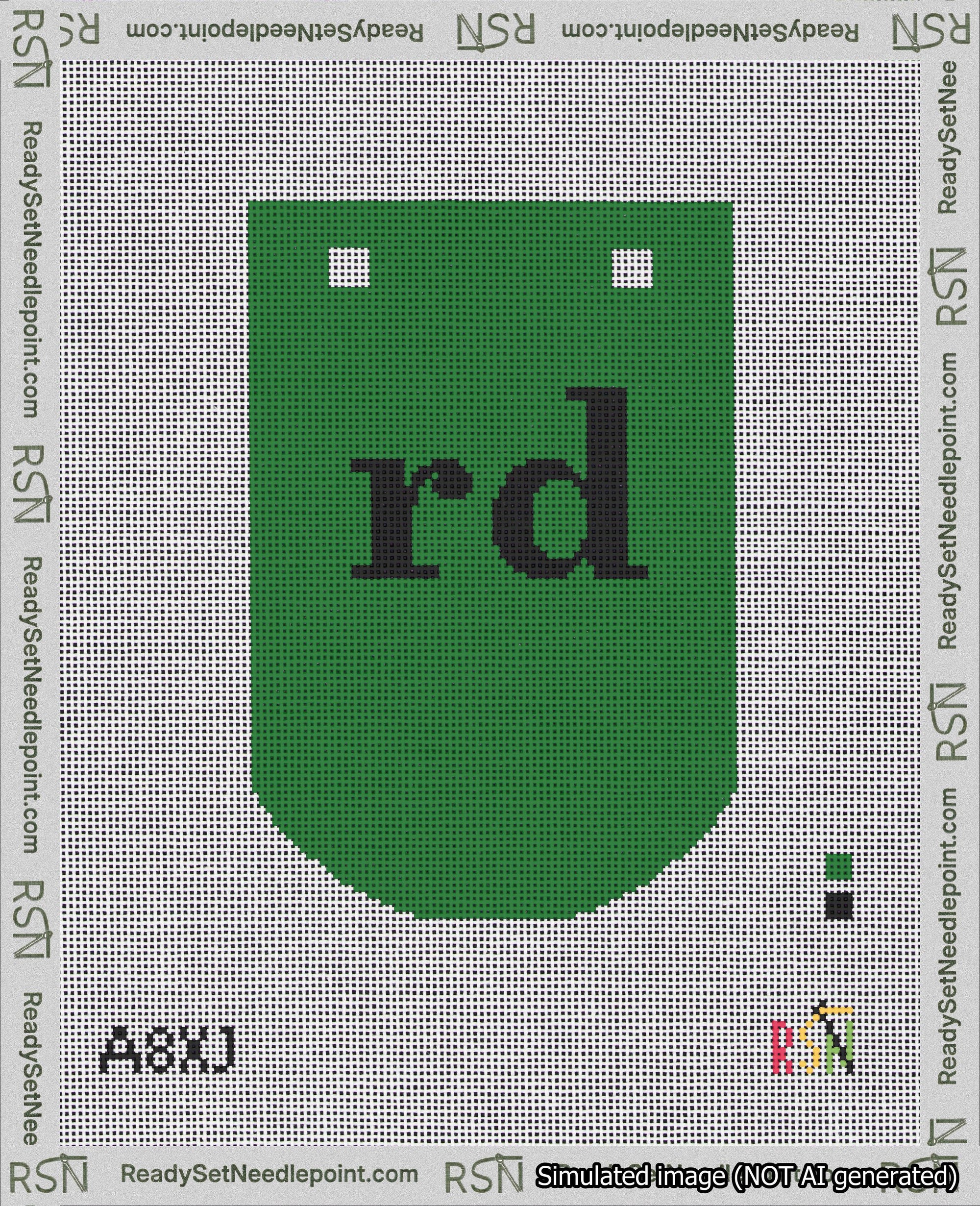 A taped needlepoint canvas with the design: Banner 18 mesh count Curved rd Black on Green.