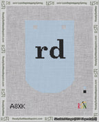 A taped needlepoint canvas with the design: Banner 18 mesh count Curved rd Black on Light Blue.
